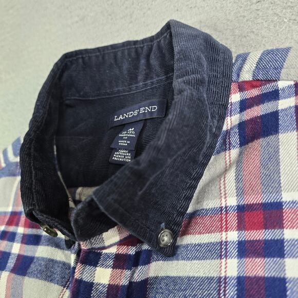 Lands' End Flannel Button Shirt Men's Medium Gray Plaid Corduroy Collar Workwear - Picture 4 of 10